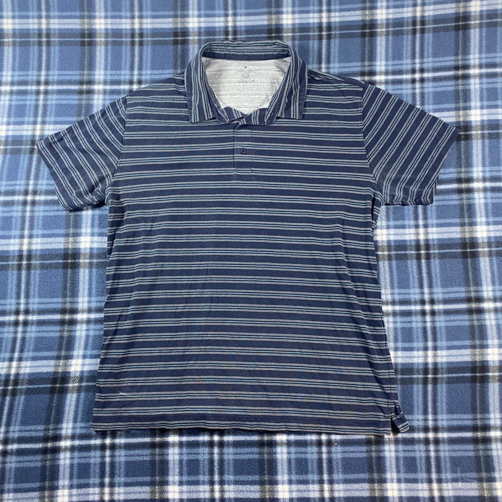 Fabletics Mens Striped Polo Shirt Navy Blue White Short Sleeve Cotton Blend L